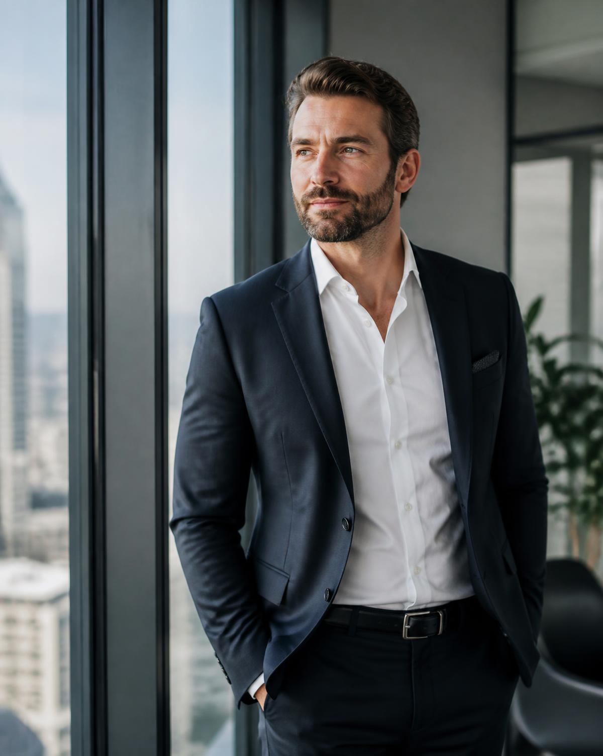 A business owner in a tailored suit looking out over the city from a corner office
