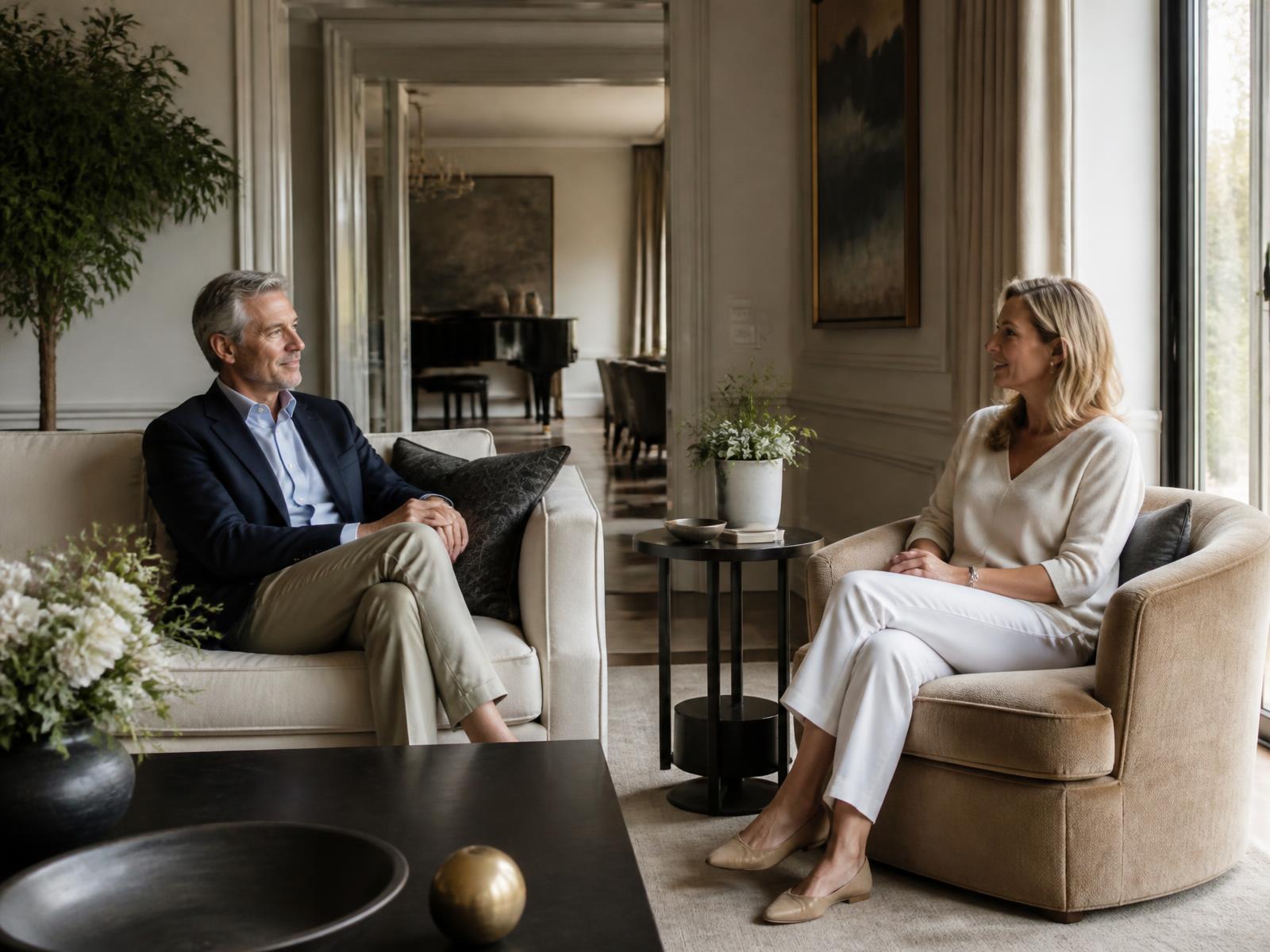 A couple talking together in the living room of their elegant home