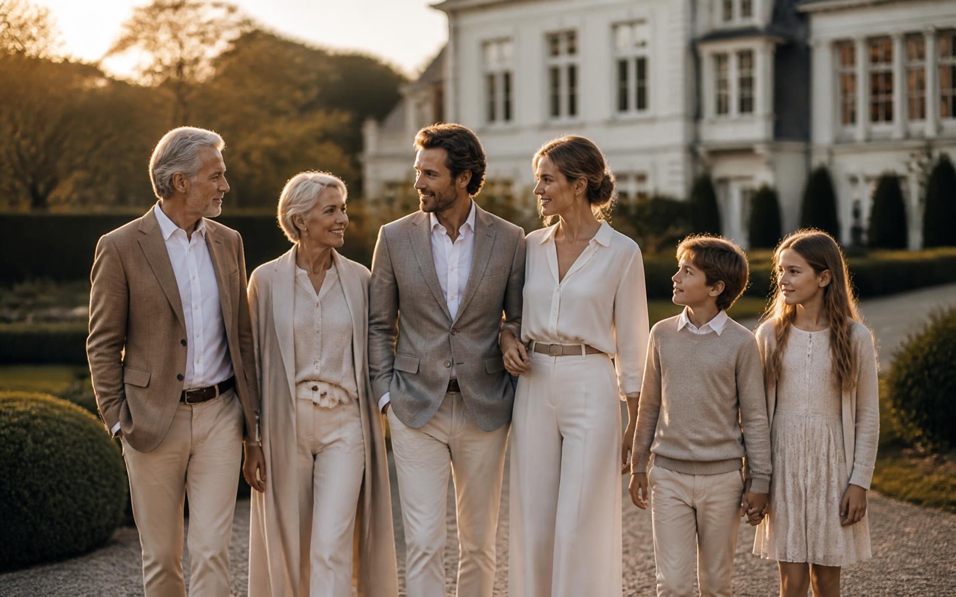 A multigenerational family walking the grounds of their estate at golden hour